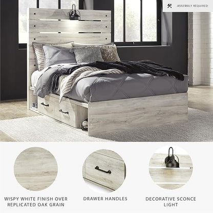 Signature Design by Ashley Cambeck Farmhouse Full Panel Platform Bed with 2 Storage Drawers, Cubbies, Sconce Light and USB Ports, Foundation or Box Spring Not Needed, Whitewash