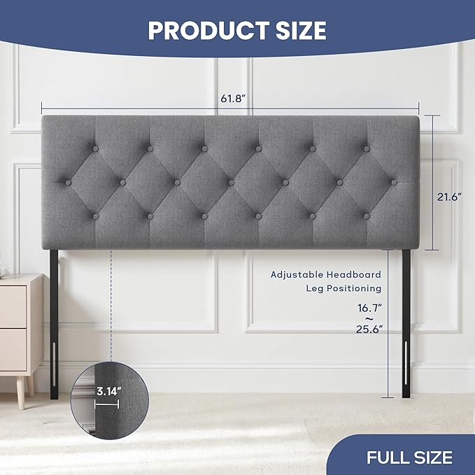 Tufted Upholstered Headboard Queen Size, Solid Wood Head Board with Durable Metal Legs, Linen Fabric Padded Headboard, Adjustable Height from 37” to 51”, Modern Button Design Head Board, Grey