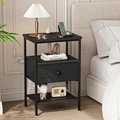 VECELO Night Stand with Charging Station, End Tables with Open Storage Shelf, Bed Side Tables with Fabric Drawers for Bedroom,Living Room,Classic Black