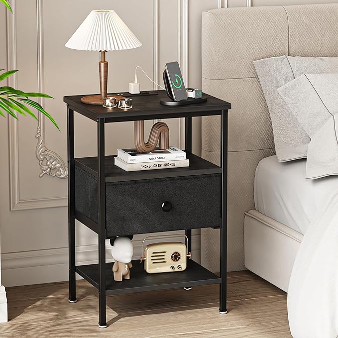 VECELO Night Stand Set 2, Nightstand with Charging Station, End Tables with Open Storage Shelf, Bed Side Tables with Fabric Drawers for Bedroom,Living Room,Classic Black