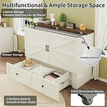 Full Size Murphy Bed with Charging Station, Cabinet Bed with Large Storage Drawer for Home Office or Small Room, Full Foldable Platform Bed, White