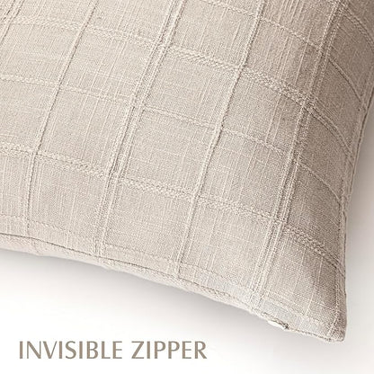 Foindtower Set of 2 Decorative Linen Check Throw Pillow Covers Neutral Farmhouse Vintage Cushion Covers Modern Boho Home Decor for Sofa Chair Couch Bedroom Living Room,18×18 Inch,Natural Linen