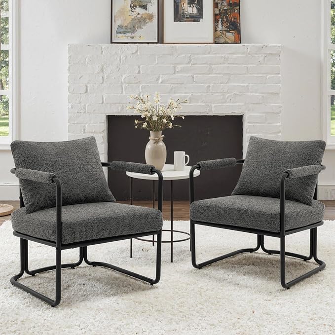 Accent Chairs Set of 2 for Living Room, Mid Century Modern Upholstered Reading Armchairs for Bedroom, Office, with Comfy Chenille Cushion & Metal Frame, Dark Grey