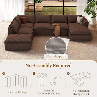 Vesgantti 141.7" Oversized Boneless Sectional Couch, 7 Seater Modular Sofa with Chaise & Ottoman & Armrest, Deep Seat Corduroy Cloud Couches for Living Room, No Assembly Required, Dark Brown
