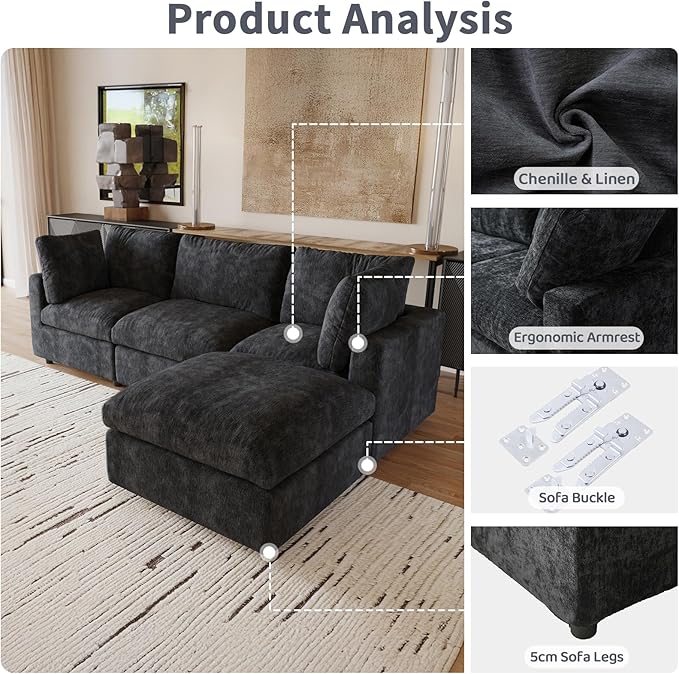 WJShome Cloud Couch Modular Sectional Sofa,67" L Shaped Couch, Convertible Wide Seater, 2 Seater+Ottoman for Living Room Set,Covers Washable&Replaceable,Black