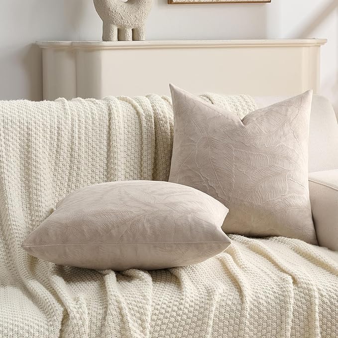 FUTEI Oatmeal Velvet Throw Pillow Covers 16x16 Inch Set of 2,Soft Embossed Leaf-Relief Textured Cushion Cases,Natural Home Decor for Couch Living Room