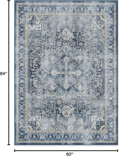 RUGGABLE Washable Area Rug – Kamran Admiral Blue 5x7, Stain-Resistant, Non-Slip – Medium Machine Washable Rugs for Living Room, Bedroom, Hallway, Entryway & Office–with Cushioned Pad