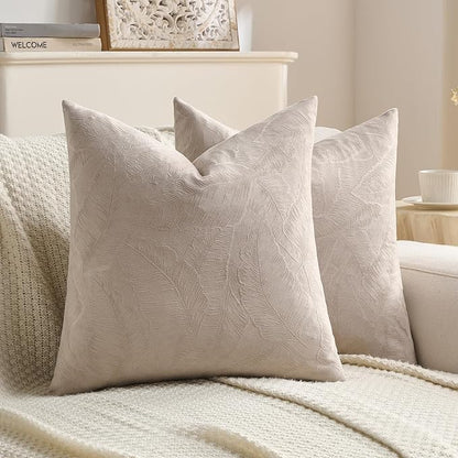 FUTEI Oatmeal Velvet Throw Pillow Covers 22x22 Inch Set of 2,Soft Embossed Leaf-Relief Textured Cushion Cases,Natural Home Decor for Couch Living Room