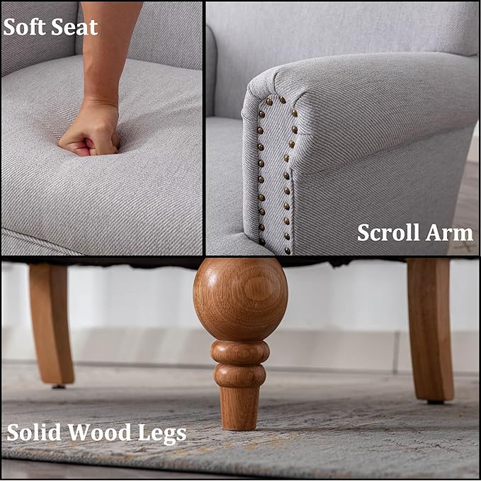 Modern Linen Accent Chairs Set of 2 Comfy Reading Chairs Upholstered Lounge Chair Single Sofa Couch for Bedroom/Living Room, Grey