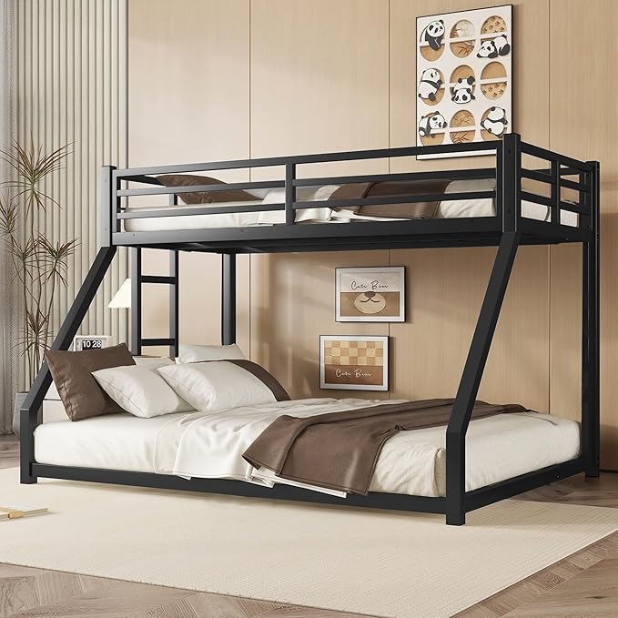 Twin Over Full Bunk Bed for Adults with Stairs Flat Rungs, Metal Bunk Beds Twin Over Full Size for Teens Dorm Bedroom Guest Room,Heavy Duty Bunk Beds with Ladder and Guardrail