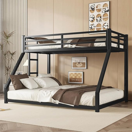 Twin Over Full Bunk Bed for Adults with Stairs Flat Rungs, Metal Bunk Beds Twin Over Full Size for Teens Dorm Bedroom Guest Room,Heavy Duty Bunk Beds with Ladder and Guardrail
