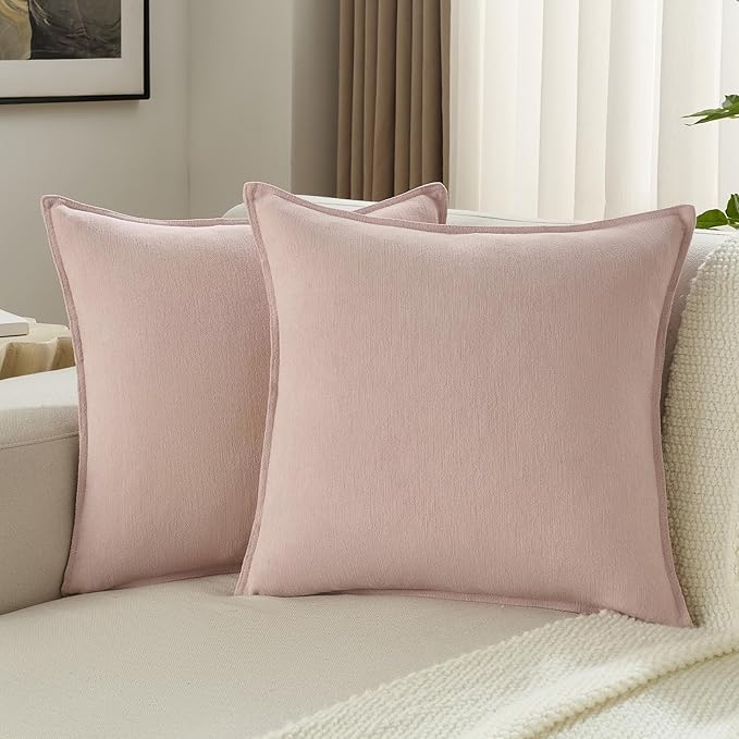 FUTEI Pink Chenille Throw Pillow Covers 16x16 Inch Set of 2,Edges Double-Stitched Cushion Cases,Modern Home Decor for Couch Living Room