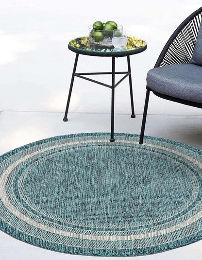 Unique Loom Outdoor Border Collection Area Rug - Soft Border (7' 10" Round, Teal/ Ivory)