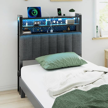 VINGLI Twin or Twin XL Size Headboard, Adjustable Upholstered Headboard with 3 Tier Shelves and Pegboard with Charging Stations and LED Lights, Modern Bed Headboard with Storage for Bedroom Decor