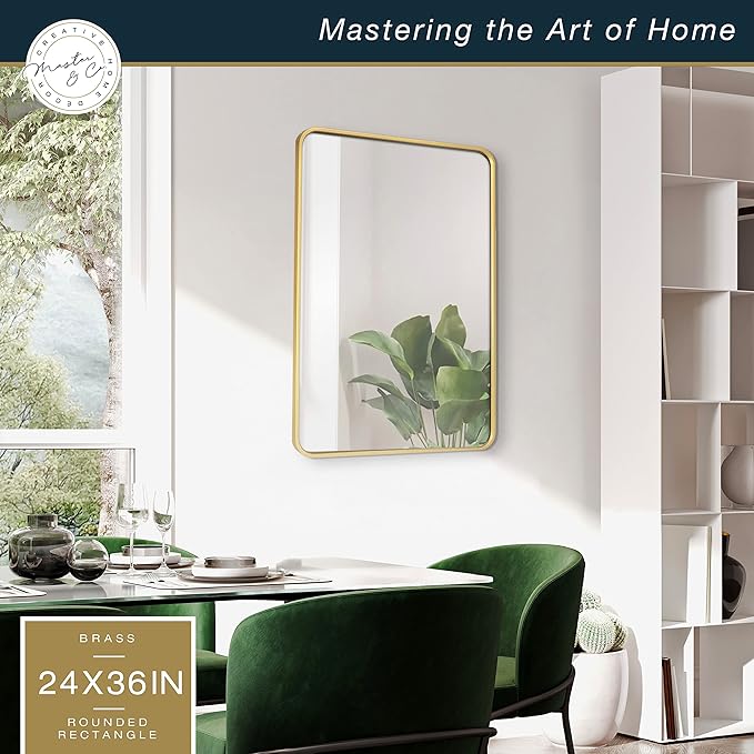 MCS Master & Co. Modern Metal Large Wall Mirror, Minimalist Home Decor Rectangle Mirror with Rounded Corners for Living Room, Bedroom, or Bathroom, 24 by 36 Inch, Brass