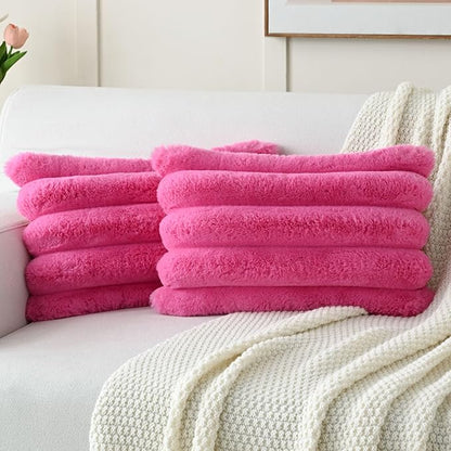 FUTEI Hot Pink Decorative Throw Pillow Covers 12x20 Inch Set of 2, Square Soft Faux Rabbit Fur Thick Striped Lumbar Pillow Case,Winter Home Decor for Couch Bed Living Room