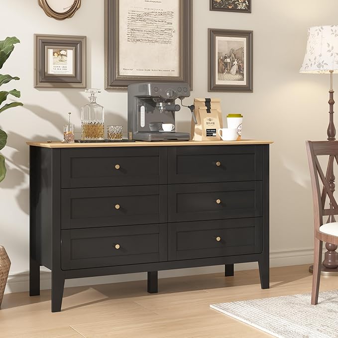 6 Drawers Black Dresser for Bedroom, 47" Wide Wood Modern Chest of Drawers, Shaker Style, Modular Dresser TV Stand for Bedroom, Living Room, Hallway (Black)