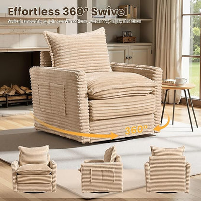 98" Modular Sofa with Swivel Chairs, Modern L Shape Cloud Sectional Couch Plush Corduroy 5 Seater Deep Seat Sofas Set & Accent Armchair Set of 2 for Living Room, Beige