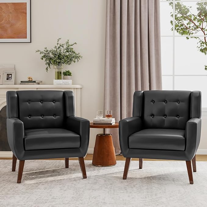 Lumibee Accent Chairs Set of 2, Modern Faux Leather Armchairs for Living Room, Comfy Upholstered Arm Chairs Tufted for Indoor Bedroom Office Room (P Black)