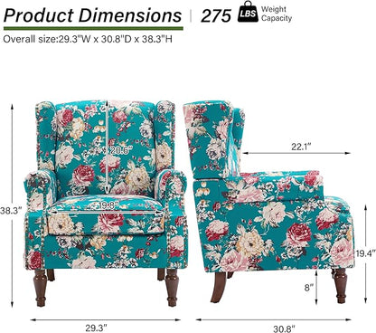 Accent Chair, Upholstered High Back Floral Armchair with Nailhead Trim & Wood Legs, Comfy Wingback Reading Single Sofa Chair for Small Spaces, Living Room, Bedroom ( Peacock Blue Floral, Set of 1)