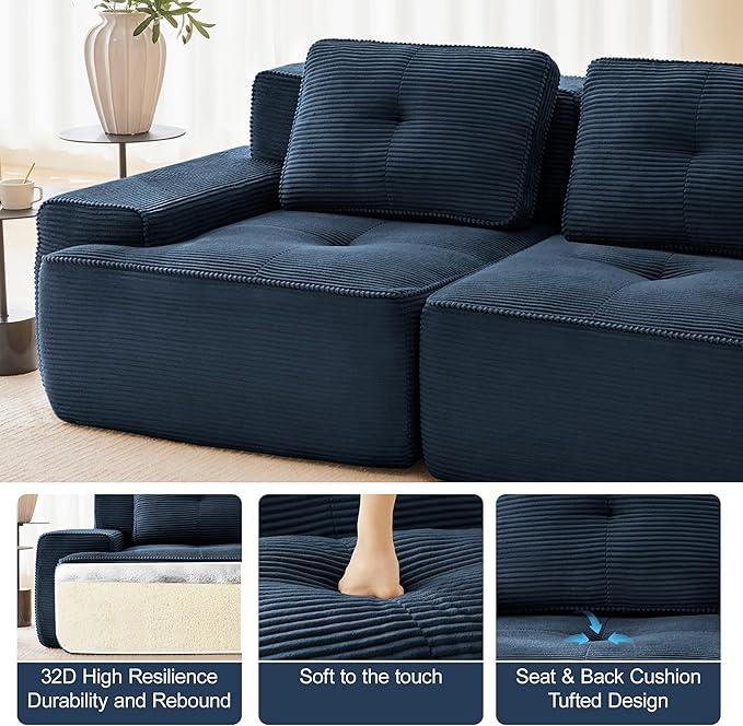 150.4” Blue Boneless Couches for Living Room, Modular Sectional Sofa with U-Shape Chaise, 4 Seater Comfy Upholstered Deep Seat Corduroy Fabric Cloud Couch No Assembly, Anti-Slip Design