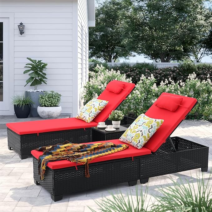 3 PCS Patio Chaise Lounge with Coffee Table Cushion&Pillow Outdoor Lounge Chair Chaise Lounger Patio Reclining Chair 5 Angle Adjustment Black PE Rattan for Courtyards Poolside Garden(red)