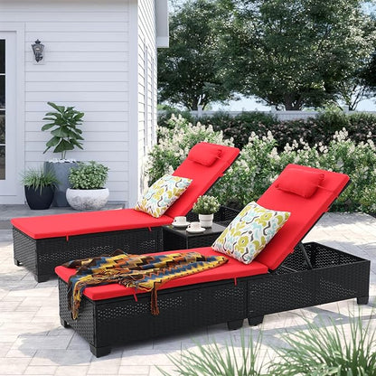 3 PCS Patio Chaise Lounge with Coffee Table Cushion&Pillow Outdoor Lounge Chair Chaise Lounger Patio Reclining Chair 5 Angle Adjustment Black PE Rattan for Courtyards Poolside Garden(red)