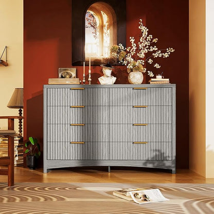 Marsail Fluted 8-Drawer Wide Wooden Dresser, Smooth Gliding Drawers & Large Capacity Storage Space, Modern Organizer Cabinet for Bedroom or Hallway, Light Grey