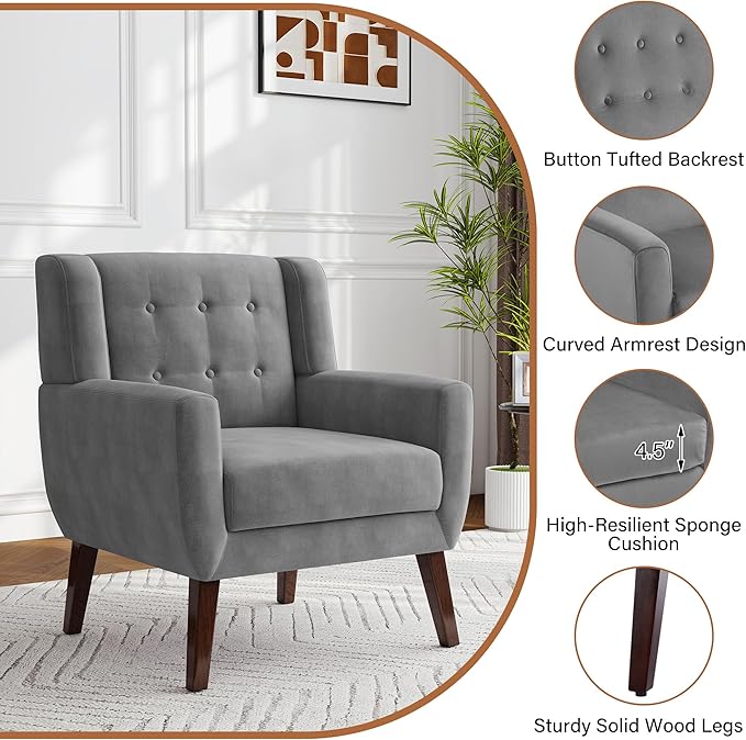 Lumibee Accent Chairs Set of 2, Velevet Fabric Armchairs for Living Room, Comfy Upholstered Arm Chairs Tufted for Indoor Bedroom Office Room (Gray Velvet)