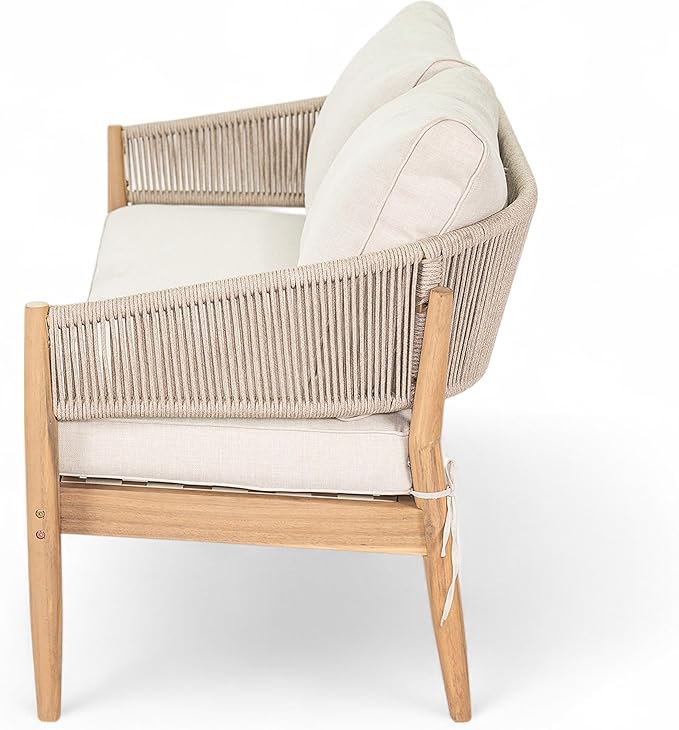 Christopher Knight Home Katarina Patio Acacia Wood Loveseat Furniture, Outdoor Loveseat Sofa with Comfy Fabric Cushions, 2-Seater Sofa with Handwoven Rope Backrest for Garden, Light Brown+Beige