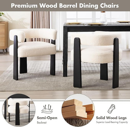 Modern Boho Dining Chairs Set of 6, White Boucle Upholstered Barrel Armchairs with Plush Teddy Fabric, Solid Black Wooden Legs, Mid-Century Accent Chairs for Dining Room, Living Room, Kitchen