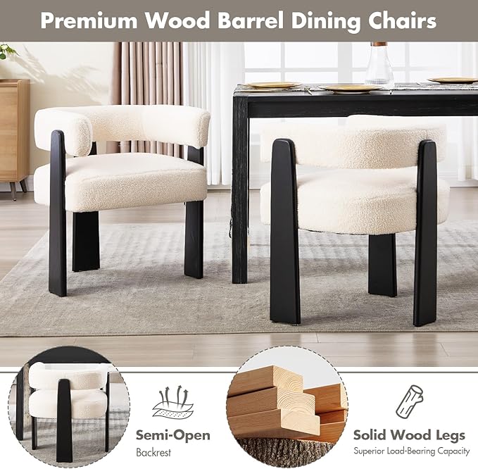 Modern Boho Dining Chairs Set of 4, White Boucle Upholstered Barrel Armchairs with Plush Teddy Fabric, Solid Black Wooden Legs, Mid-Century Accent Chairs for Dining Room, Living Room, Kitchen