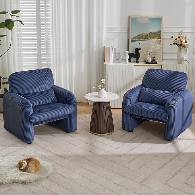 Corduroy Fabric Accent Chairs Set of 2, Modern Upholstered Living Room Chairs with Lumbar Pillow, Wide Comfy Leisure Armchair for Bedroom, Office, Reading, Blue