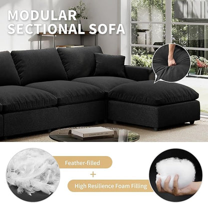 Modern Sectional Linen Couch for Living Room V-Shape Sofas,4 Seat Modular Cloud Sofas,Couches Cushion Covers Removable,Cozy Feather Down Sofa for Apartment Black