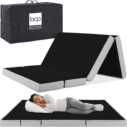 Best Choice Products 4in Portable Twin XL-Size Mattress, Tri-Fold Mattress for Camping, Guest, Toddler, Foam Plush w/Carry Case - Onyx Black