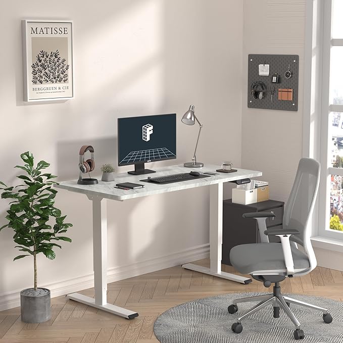 FLEXISPOT E6 3 Stages Dual Motor Electric Standing Desk 48x30 Inch Whole-Piece Board Height Adjustable Electric Sit Stand Desk(White Frame + Marble Grey Desktop, 2 Packages)
