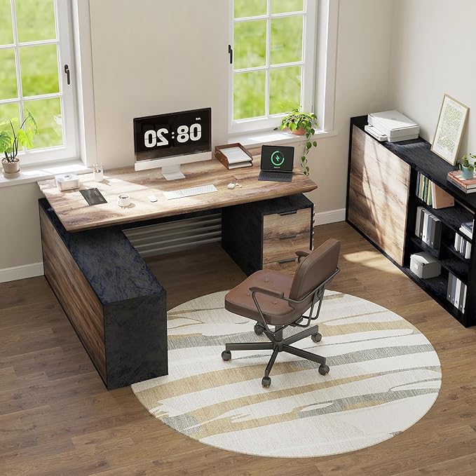 78.74" L Shaped Standing Executive Desk and 63" lateral File Cabinet, Large Adjustable Heigh Office Computer Desk with 3 Drawers,2.3" Desktop,Business Workstation,Black and Warm Oak