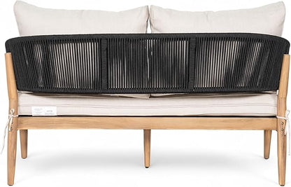 Christopher Knight Home Katarina Patio Acacia Wood Loveseat Furniture, Outdoor Loveseat Sofa with Comfy Fabric Cushions, 2-Seater Sofa with Handwoven Rope Backrest for Garden/Backyard, Black+Beige