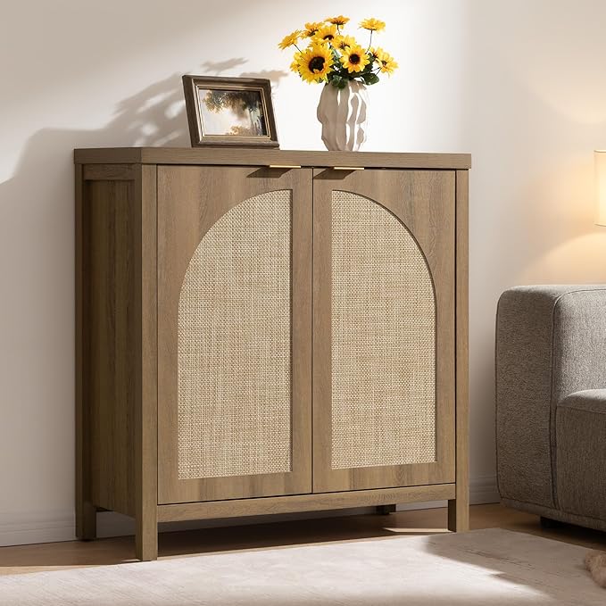 SICOTAS Rattan Sideboard Buffet Cabinet with Storage, Mid Century Modern Credenza Storage Cabinet with Arch Doors & Shelves Farmhouse Coffee Bar Media Console Cabinets for Living Room, Entryway
