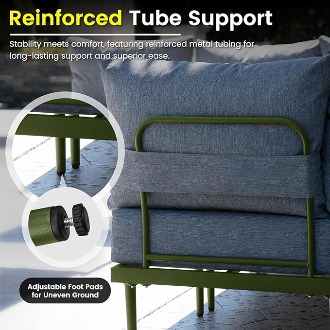 Sundale Outdoor 7 Pieces Patio Furniture Set with Fire Pit Table, L-Shaped Outdoor Sectional Sofa with 6 Inch Olefin Cushion, All-Weather Modern Metal Outdoor Conversation Sets (6 Seats,Green Frame)