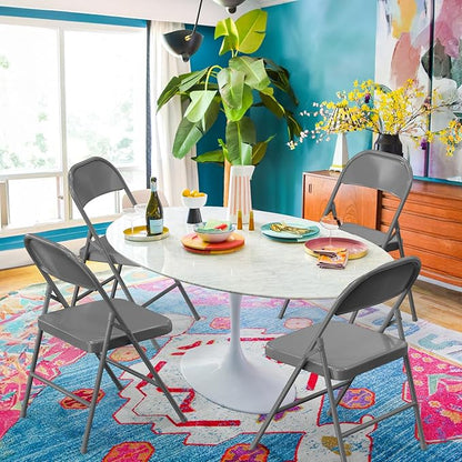 VINGLI Folding Chairs All Steel Metal Frame, Capacity 350 lbs, Durable Portable and Versatile for Indoor Outdoor Use, Gray, Set of 4
