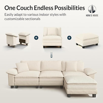 HERA'S HOUSE Modular Sectional Sofa, 88" L Shaped Cloud Couch with Ottoman and Throw Pillow, Mixed Fabric Sleek Couches for Living Room, Beige