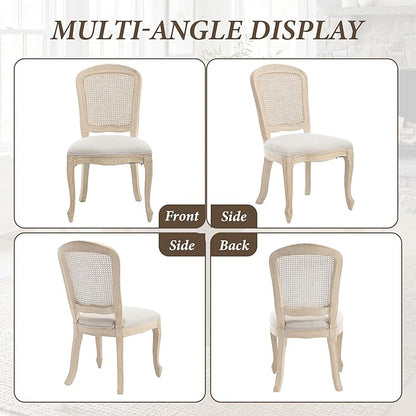 Wicker Dining Chairs Set of 6, Upholstered Linen Fabric Dining Room Chairs with Square High Rattan Back Farmhouse French Kitchen Chairs for Dining Table/Living Room/Restaurant, White