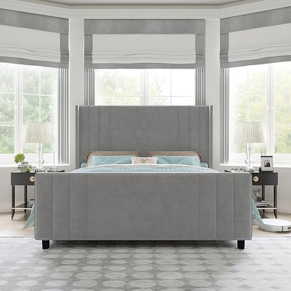AMERLIFE Queen Size Bed Frame, Velvet Upholstered Platform Bed with Vertical Channel Tufted Headboard & Footboard/Wingback, Mattress Foundation with Wood Slats, No Box Spring Needed, Light Grey