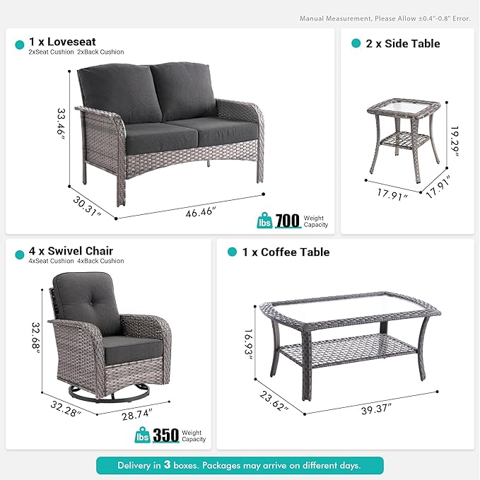 8 PCS Patio Outdoor Furniture Set with Swivel Rocking Chairs,All Weather Wicker Rattan Patio Seating Sofa and Chairs Set,Outdoor Conversaiton Sets for Deck Yard Prrch Garden Poolside,Black