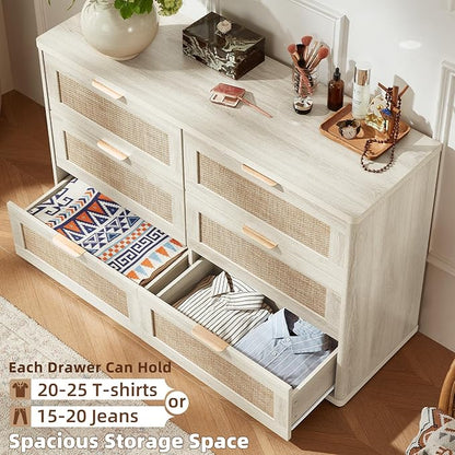 LEYAOYAO Rattan 6 Drawer Dresser for Bedroom, Boho 48" Wide White Dresser Chest of Drawers, Dressers TV Stand with Metal Handle, Storage Dressers Closet Organizer for Living Room, Hallway