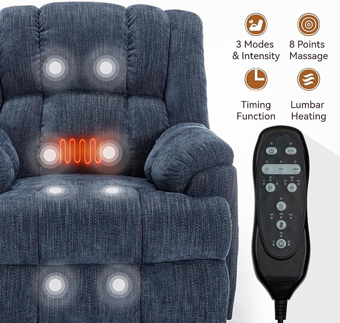 Power Lift Recliner Chair for Elderly, Oversized Chenille Electric Recliners Chairs for Living Room, Dual Motor 180° Lay Flat Recliner Big Sofa with Massage and Heating, Heavy-Duty, Blue