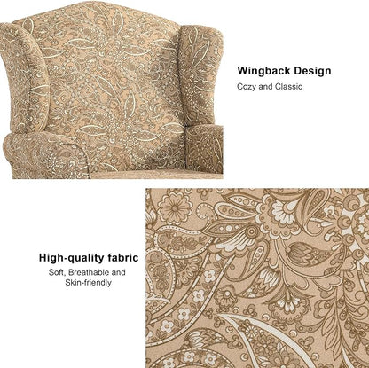 Accent Chair, High Back Upholstered Armchair with High Resilience Sponge & Wood Legs, Mid-Century Modern Comfy Single Sofa Reading Chairs for Living Room, Bedroom (Floral Light Brown, Set of 1)