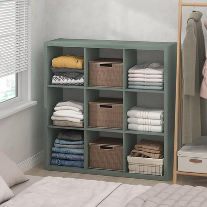 Furinno Cubic Closet Organizers and Storage, 9-Cube Closet Organizer, Open Shelf Closet Storage, Extra Thick Frame for Wardrobe, Bedroom, Living Room, Sage Green