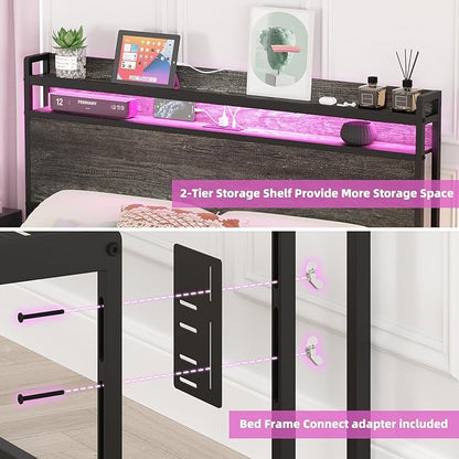 Elephance Headboard for Queen Size Bed Frame with 2 Tier Storage, with Outlets, USB and Type C Ports and LED Light, Height Adjustable, Platform Bed Headboard Only, Easy Assembly